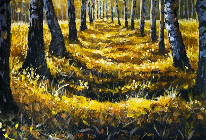 Autumn oil painting landscape, beautiful fragments of birch trees, branches, autumn foliage in forest on canvas. Modern Impressionism autumn Impasto artwork. Autumn oil painting landscape, beautiful fragments of birch trees, branches, autumn foliage in forest on canvas. Modern Impressionism autumn Impasto artwork