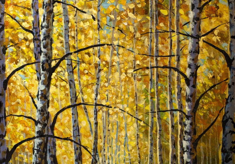 Autumn oil painting landscape, beautiful fragments of birch trees, branches, autumn foliage in forest on canvas. Modern Impressionism autumn Impasto artwork. Autumn oil painting landscape, beautiful fragments of birch trees, branches, autumn foliage in forest on canvas. Modern Impressionism autumn Impasto artwork