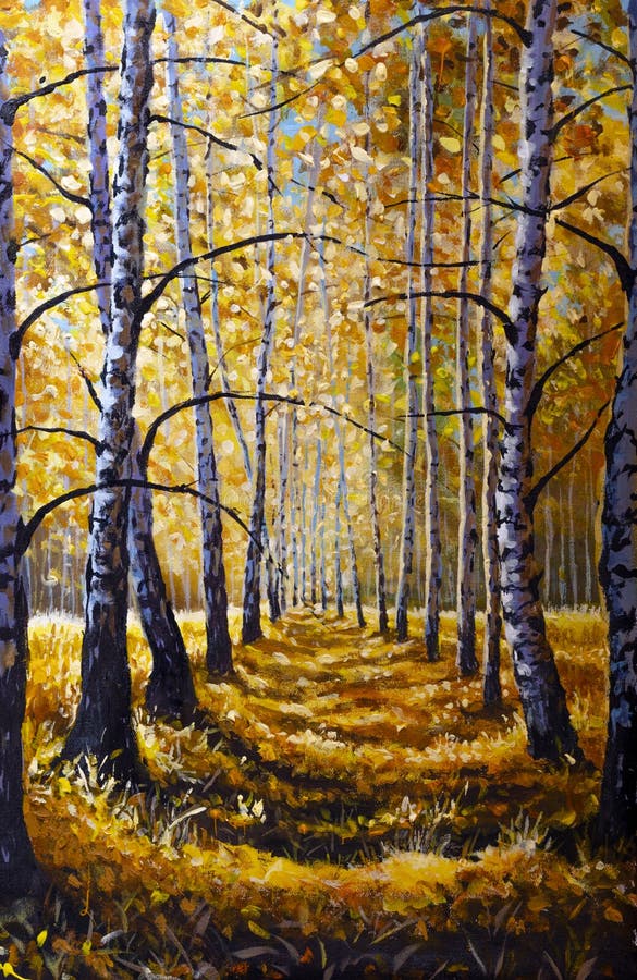 Original oil painting sunny autumn forest, beautiful autumn birch trees in forest park alley on canvas. Modern Impressionism. Impasto artwork. Original oil painting sunny autumn forest, beautiful autumn birch trees in forest park alley on canvas. Modern Impressionism. Impasto artwork