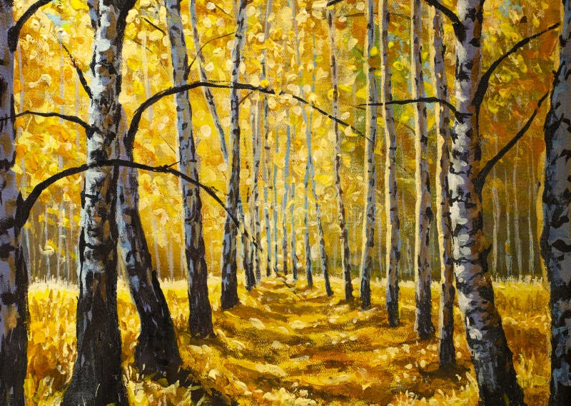 Original oil painting sunny autumn forest, beautiful autumn birch trees in forest park alley on canvas. Modern Impressionism. Impasto artwork. Original oil painting sunny autumn forest, beautiful autumn birch trees in forest park alley on canvas. Modern Impressionism. Impasto artwork