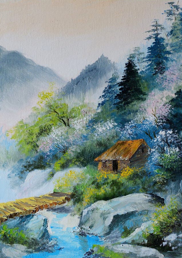 Oil painting - landscape in mountains, house in the mountains
