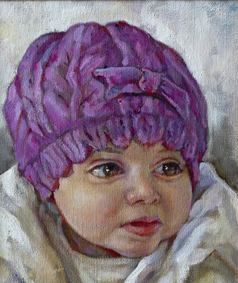 Oil painting of a little girl with a hat