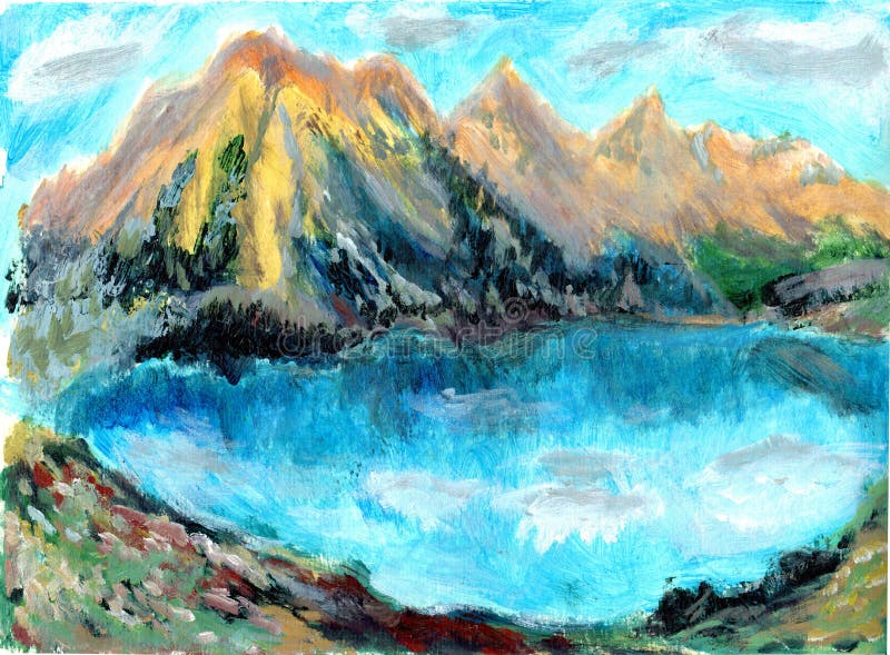 Oil painting Mountain lake royalty free illustration