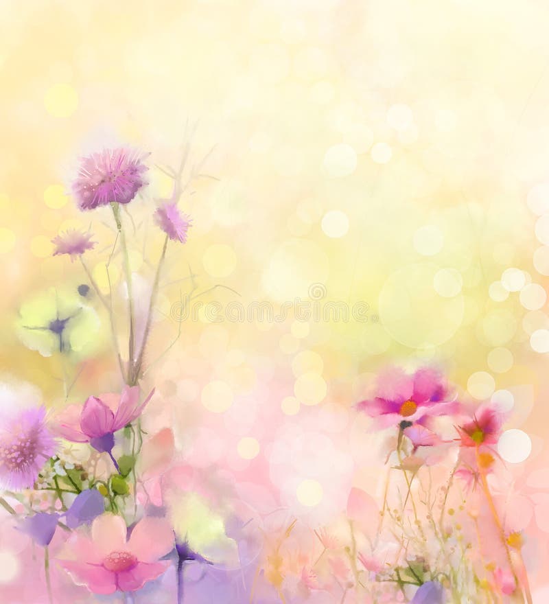 Oil painting nature grass flowers. Hand paint close up pink cosmos flower, pastel floral and shallow depth of field