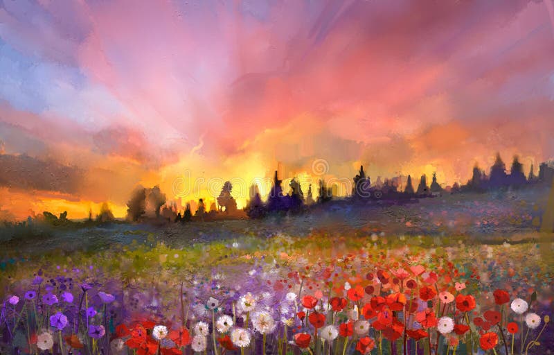 Oil painting poppy, dandelion, daisy flowers in fields