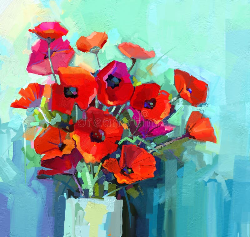 Oil Painting - Still life of red and pink color flower. Colorful Bouquet of poppy flowers in vase.