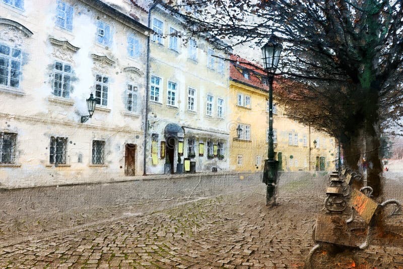 Oil painting style illustration of Prague alley with old houses, antique street.