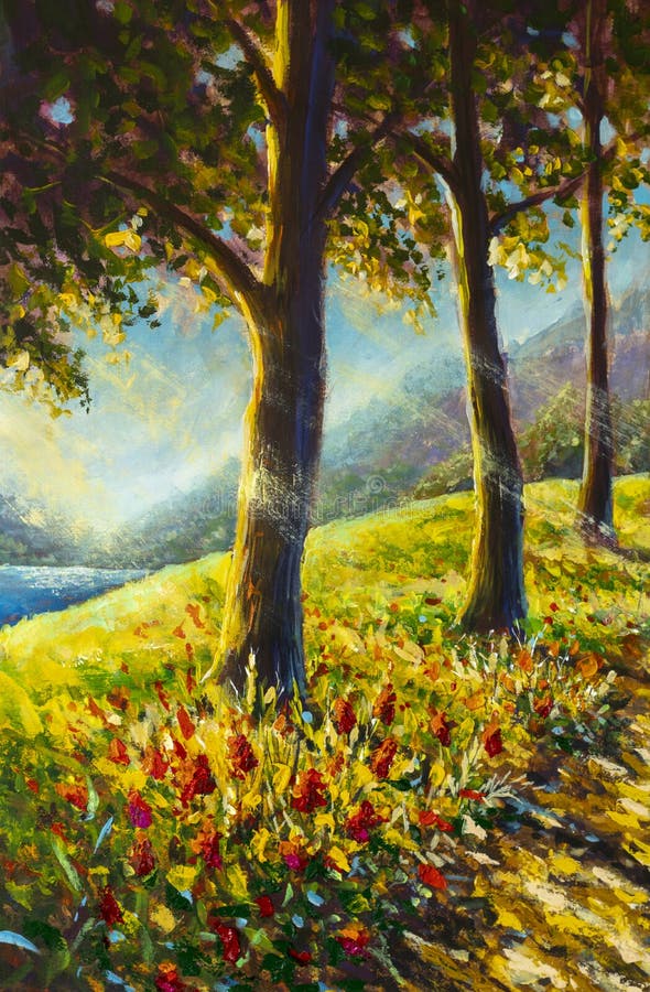 Oil painting tall trees, red wildflowers illuminated by sun against the backdrop of mountains and sea