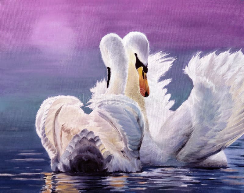 Oil painting of two graceful white swans