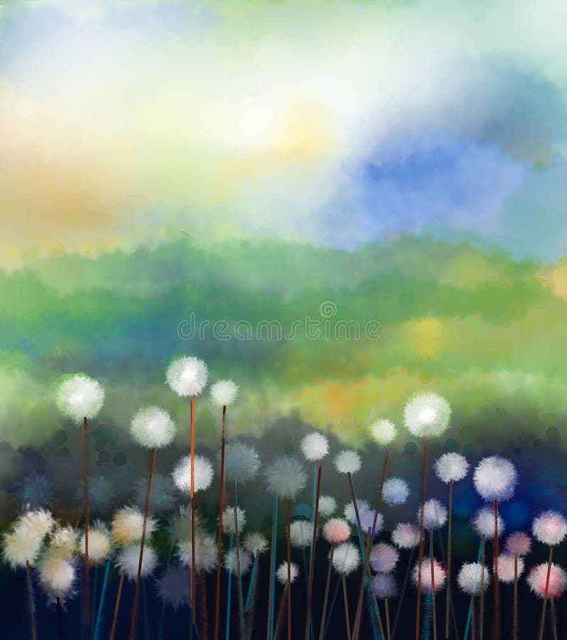 Oil painting white flowers field in soft color stock illustration