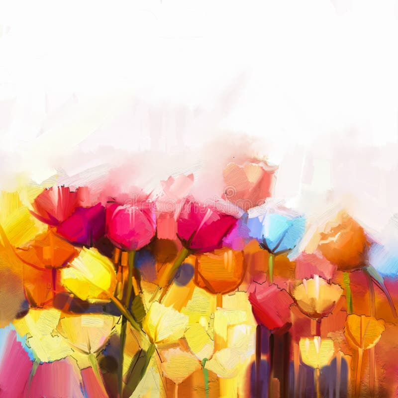 Oil painting yellow, pink and red Tulips flowers field