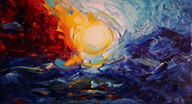 Landscape, oil painting: elements, sunset, mountains, sea waves. Vector illustrations. royalty free stock images