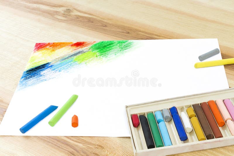 Oil Pastels Crayons Colorful Picking Art Drawing on Wood Table