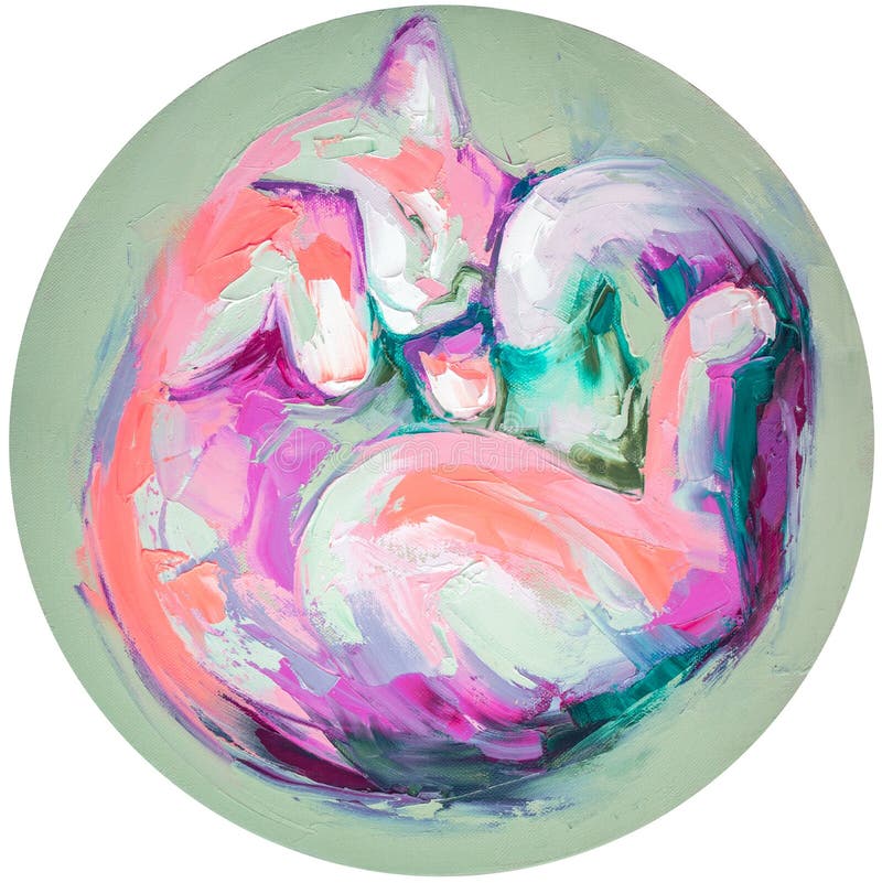 Oil picture of a cat curled up painting in multicolored tones. Conceptual abstract painting. Closeup painting oil and