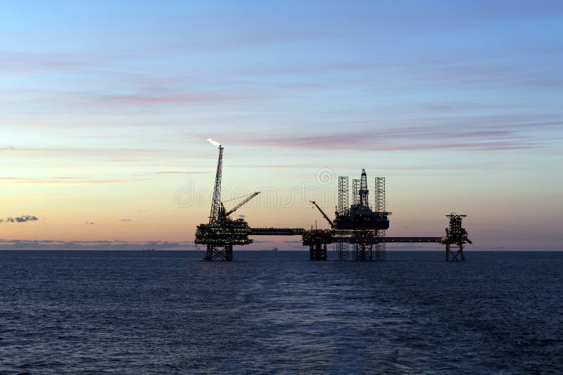 Oil platforms in North Sea stock image