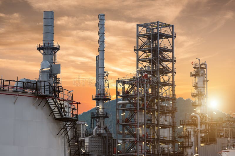 Oil Refinery factory Petroleum at twilight sunset