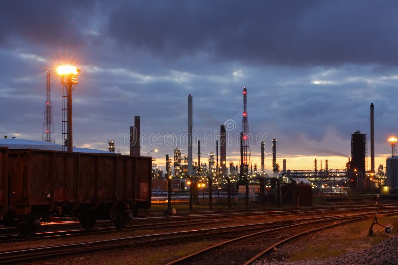 Oil refinery in twilight - industrial landscape in the port of Antwerp, Belgium.