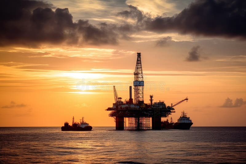 Oil Rig, with View of the Sunset, in Tropical Paradise Stock Image