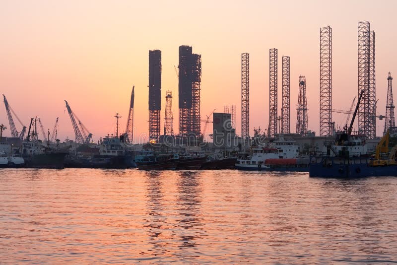 Oil rigs at sunset, Sharjah, Uae stock image