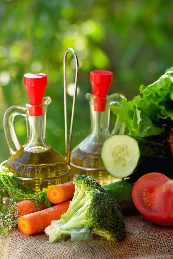 Oil vinegar and vegetables.