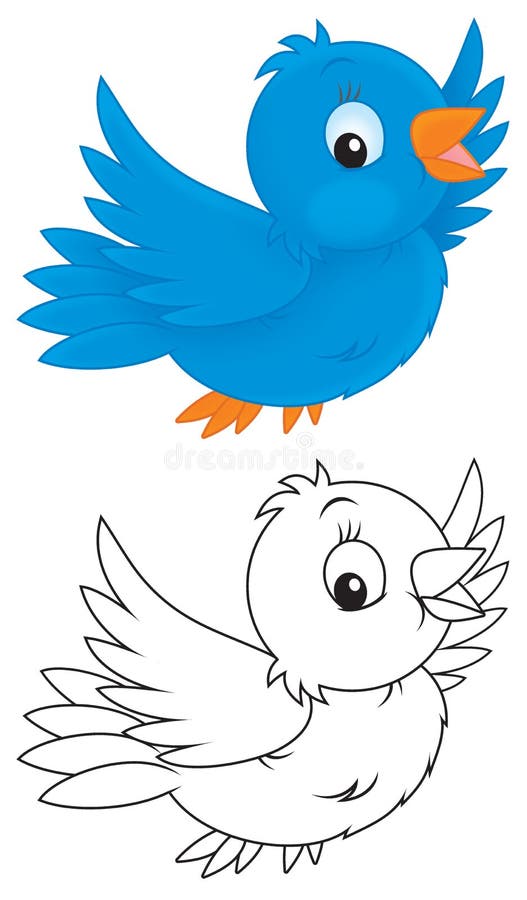 Little blue bird flying, color and black-and-white outline illustrations on a white background. Little blue bird flying, color and black-and-white outline illustrations on a white background