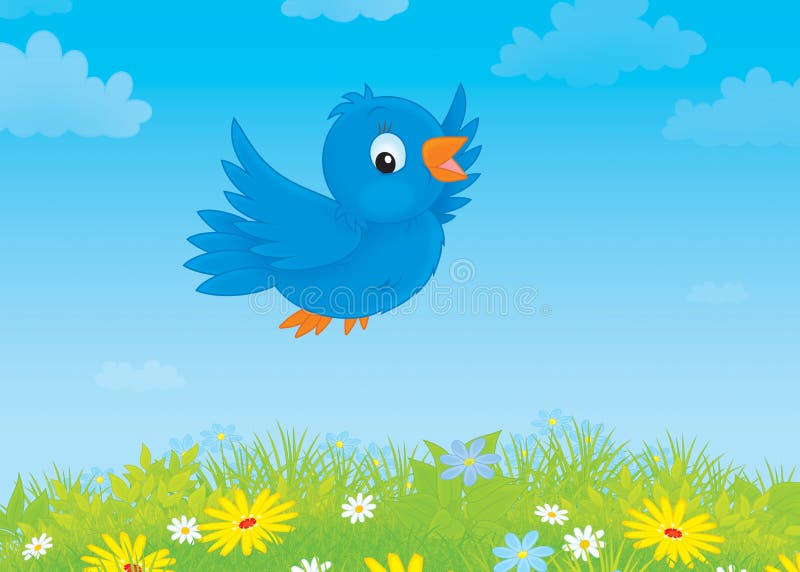 Little blue bird flying over a meadow with wildflowers. Little blue bird flying over a meadow with wildflowers