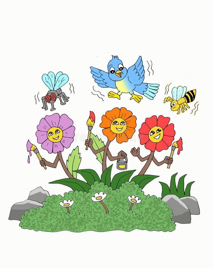 Oiseaux, abeilles, mouches et bande dessinée heureux de fleurs illustration libre de droits Oiseaux, abeilles, mouches et bande dessinée heureux de fleurs illustration libre de droits
