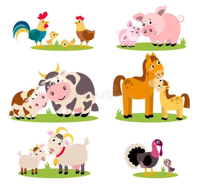 Big set isolated farm birds, animals. Vector collection funny animals, mothers and their children. Cute domestic animals in cartoon style. Pig, rooster, hen, chicken, horse, cow, , turkey, goat. Big set isolated farm birds, animals. Vector collection funny animals, mothers and their children. Cute domestic animals in cartoon style. Pig, rooster, hen, chicken, horse, cow, , turkey, goat