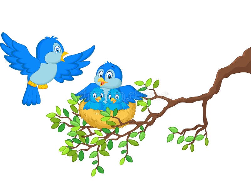 Illustration of Cartoon Birds with her two babies in the nest. Illustration of Cartoon Birds with her two babies in the nest