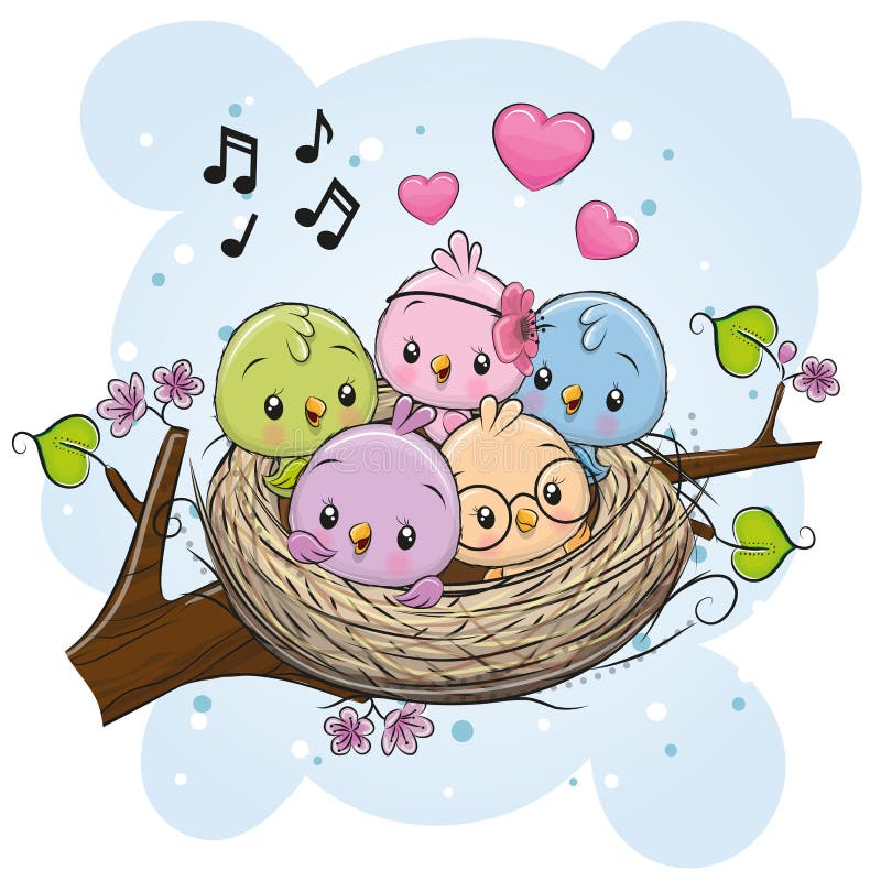 Cute Cartoon Birds in a nest on a branch. Cute Cartoon Birds in a nest on a branch