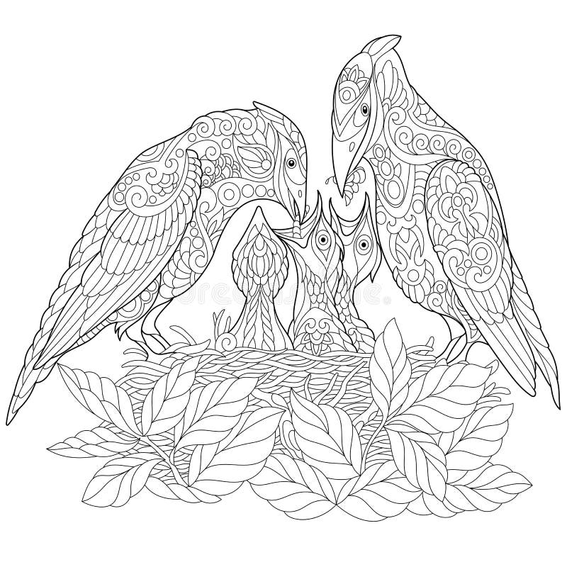 Coloring page. Coloring book. Anti stress colouring picture with spring birds. Freehand sketch drawing with doodle and zentangle elements. Coloring page. Coloring book. Anti stress colouring picture with spring birds. Freehand sketch drawing with doodle and zentangle elements