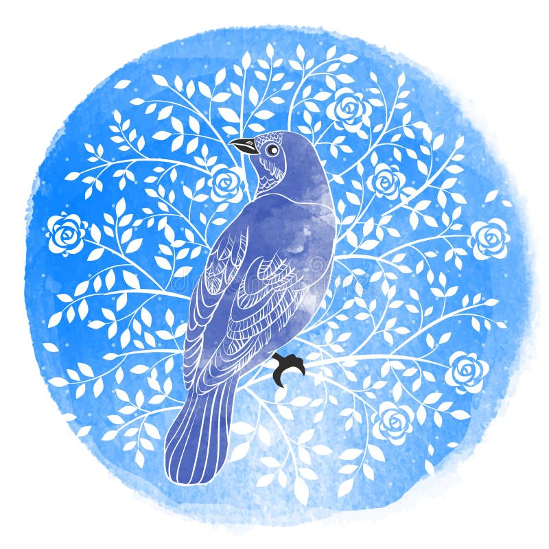 Oiseaux et fleurs sur le fond de couleur d'eau. Vecteur tiré par la main I illustration stock Oiseaux et fleurs sur le fond de couleur d'eau. Vecteur tiré par la main I illustration stock