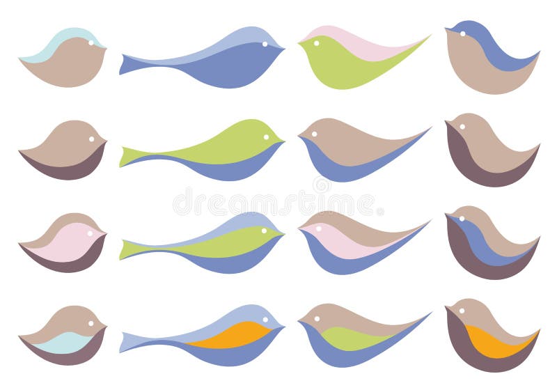 Colorful cute bird silhouettes, vector set. Colorful cute bird silhouettes, vector set