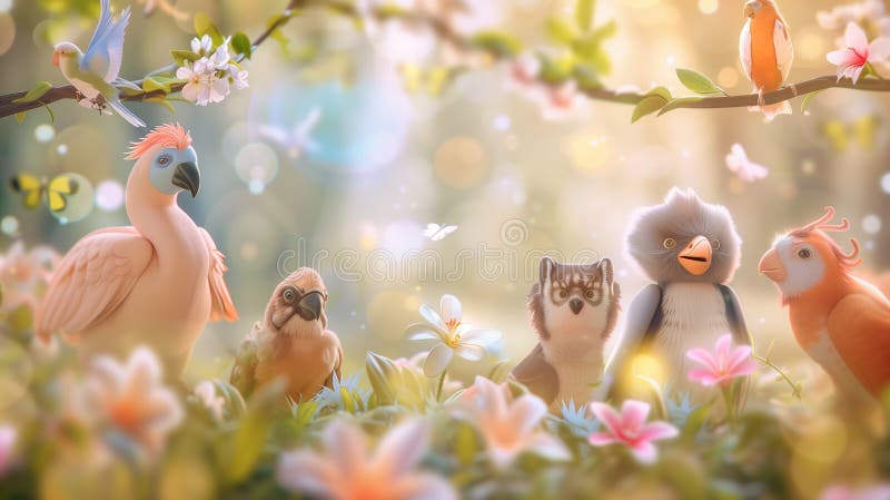Cute birds in the garden with spring flowers. 3d rendering. Cute birds in the garden with spring flowers. 3d rendering