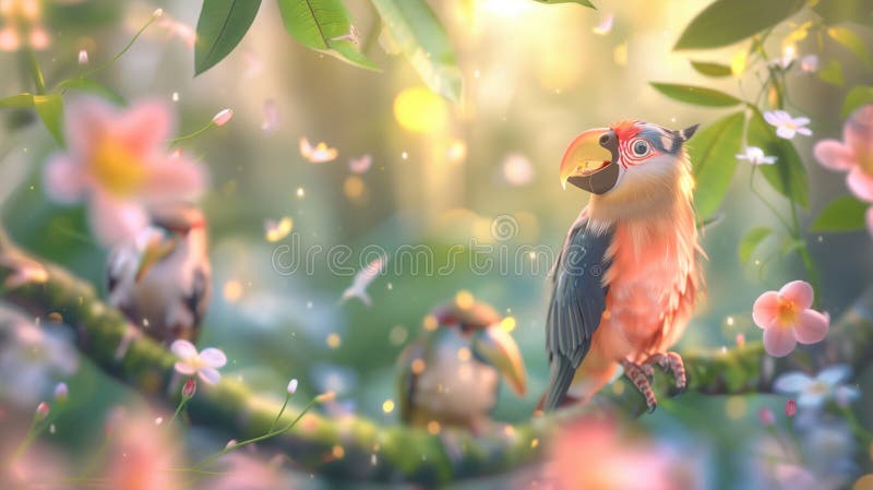 Birds on a branch in the garden with a beautiful bokeh. Birds on a branch in the garden with a beautiful bokeh