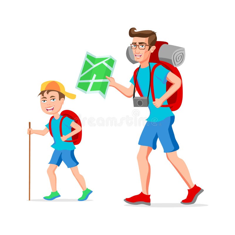 Ojca i syna turystycznego modnisia Śmieszna postać z kreskówki Wektorowa ilustracja p?aski projekt pojedynczy bia?e t?o ilustracji Ojca i syna turystycznego modnisia Śmieszna postać z kreskówki Wektorowa ilustracja p?aski projekt pojedynczy bia?e t?o ilustracji