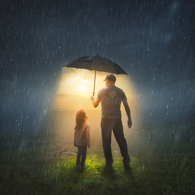 Ojciec i córka w deszczu