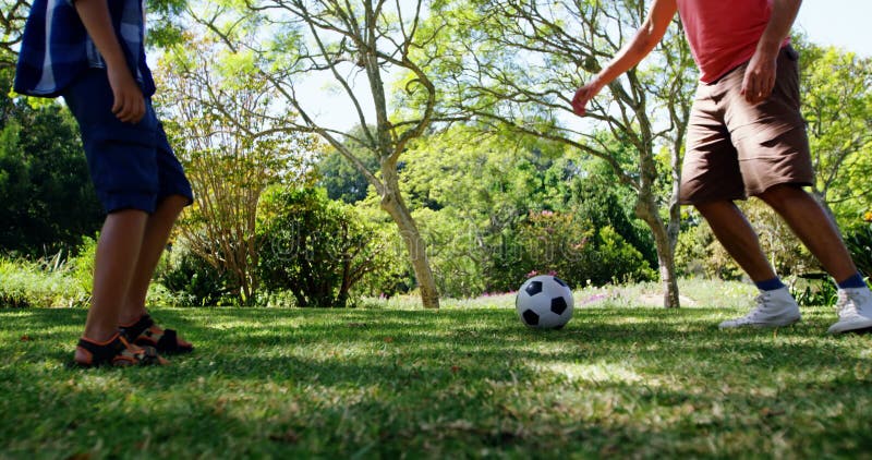 Ojciec i syn bawić się futbol w parku 4k
