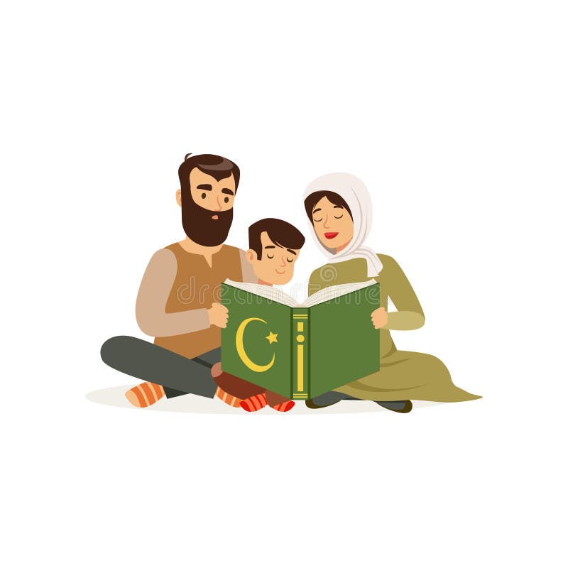 Ojcuje, matka i ich mały syna obsiadanie na podłoga i czytelniczej świętej księdze islamska religia Muzułmańska rodzina kreskówka ilustracji Ojcuje, matka i ich mały syna obsiadanie na podłoga i czytelniczej świętej księdze islamska religia Muzułmańska rodzina kreskówka ilustracji