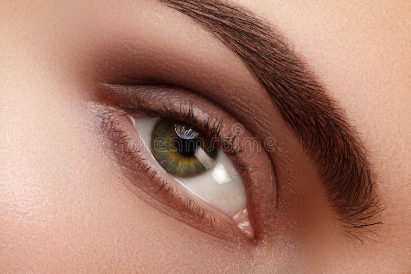 Ojo femenino hermoso macro del primer con las cejas perfectas de la forma La piel limpia, forma maquillaje ahumado natural Buen V fotografía de archivo Ojo femenino hermoso macro del primer con las cejas perfectas de la forma La piel limpia, forma maquillaje ahumado natural Buen V fotografía de archivo