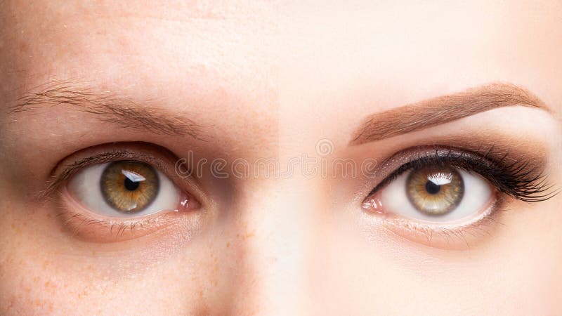 Ojos femeninos antes y después del maquillaje hermoso, extensión de la pestaña, trazador de líneas de la ceja, microblading, cosm