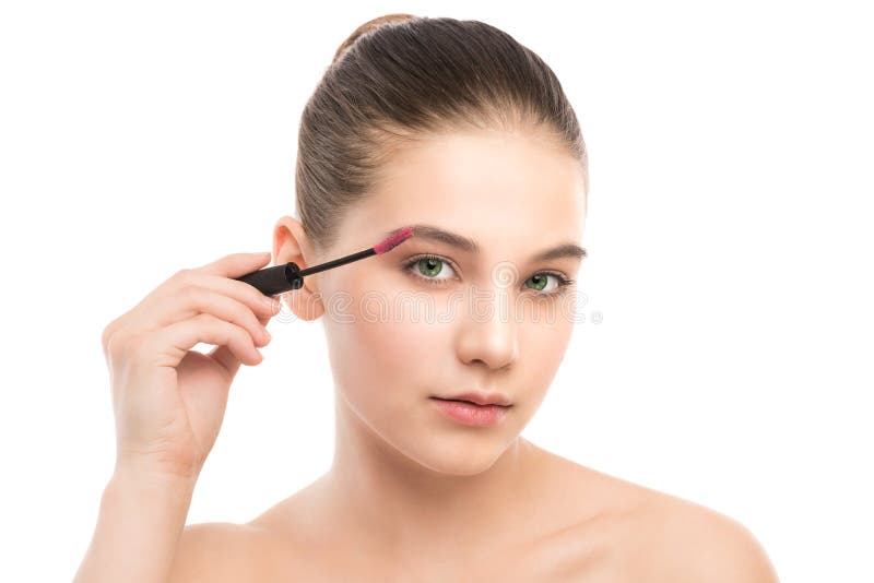 Oko uzupełniał stosować Tusz do rzęs stosuje zbliżenie, tęsk baty Makeup muśnięcie odosobniony fotografia stock Oko uzupełniał stosować Tusz do rzęs stosuje zbliżenie, tęsk baty Makeup muśnięcie odosobniony fotografia stock