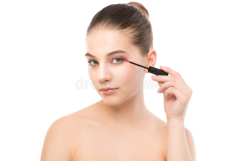 Oko uzupełniał stosować Tusz do rzęs stosuje zbliżenie, tęsk baty Makeup muśnięcie odosobniony zdjęcia royalty free Oko uzupełniał stosować Tusz do rzęs stosuje zbliżenie, tęsk baty Makeup muśnięcie odosobniony zdjęcia royalty free