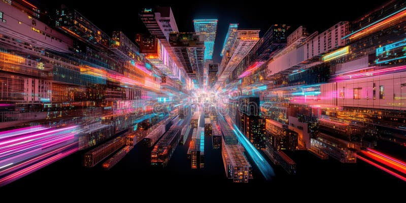 Okomplicerad 3d-återgivning som visar cybernetiskt citysslande med pulserande neonljus och dynamiska rörelseeffekter som skapar fu royaltyfri illustrationer
