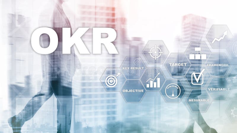 OKR - objective key result concept. Mixed media on a virtual structured screen. Project management royalty free stock photos