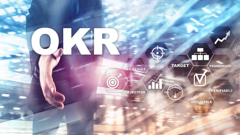 OKR - objective key result concept. Mixed media on a virtual structured screen. Project management stock image