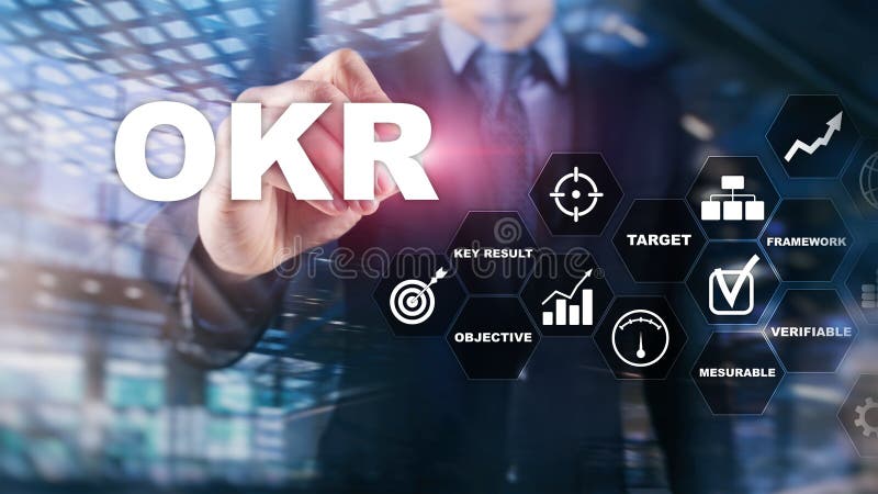 OKR - objective key result concept. Mixed media on a virtual structured screen. Project management royalty free stock images