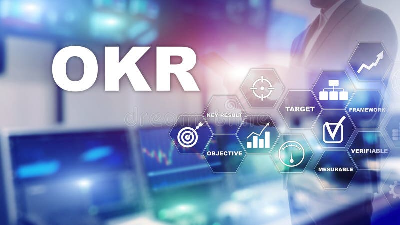 OKR - objective key result concept. Mixed media on a virtual structured screen. Project management stock illustration