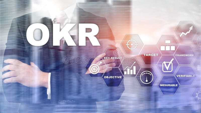 OKR - objective key result concept. Mixed media on a virtual structured screen. Project management. stock photography