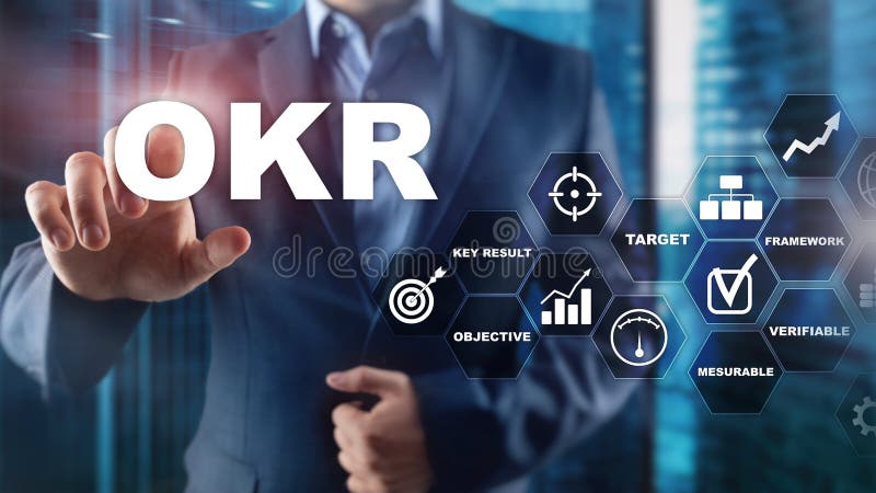 OKR - objective key result concept. Mixed media on a virtual structured screen. Project management royalty free stock image